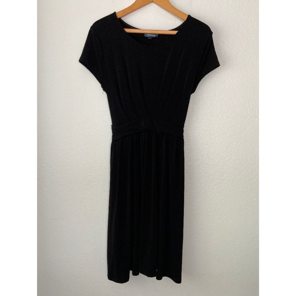 ModCloth Black Fit& Flare Midi Dress LBD Large Bow Classic Stretch Minimalist